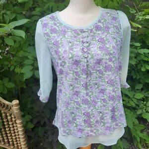 Floral y2k nwt Tunic Top Blouse Womens Sheer Sleeves Button Front Lavender Small